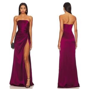 SAU LEE Hera Strapless Ruched Draped Satin Boysen Berry Red Maxi Dress Size 8